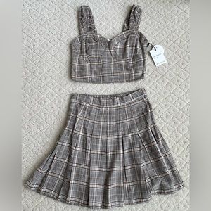 Pleated Plaid crop shirt and skirt set